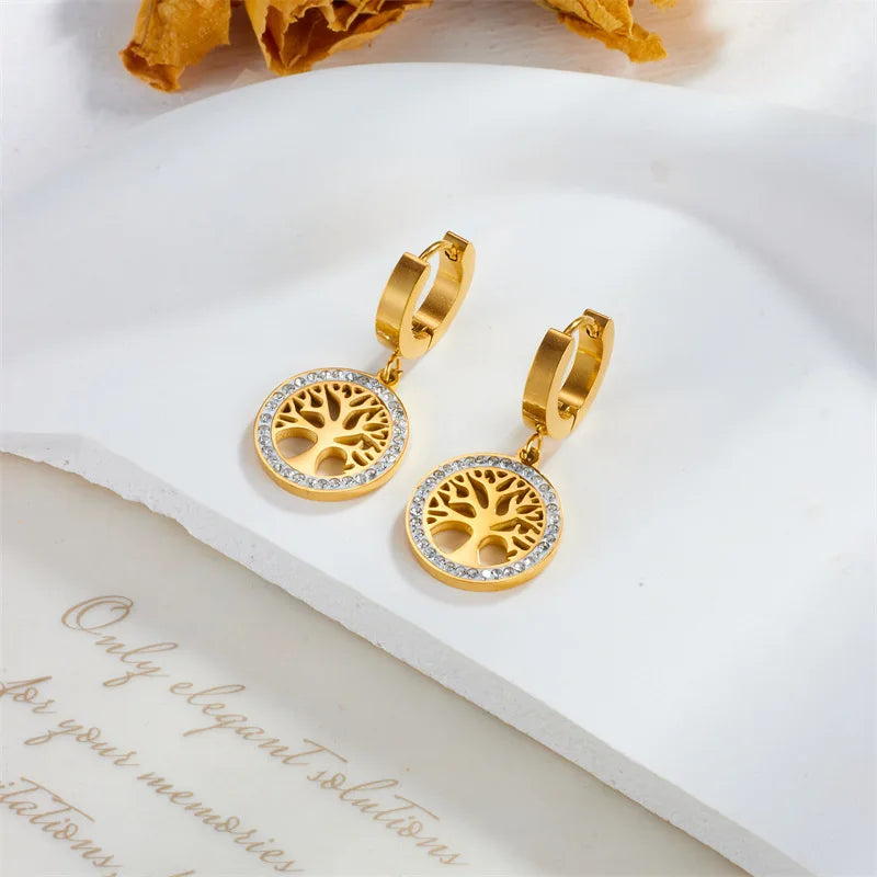 316L Stainless Steel Gold Plated Temperament Multi Elegant Tree of Life Rhinestone Hoop Earrings For Women Girls Gift Not Fade