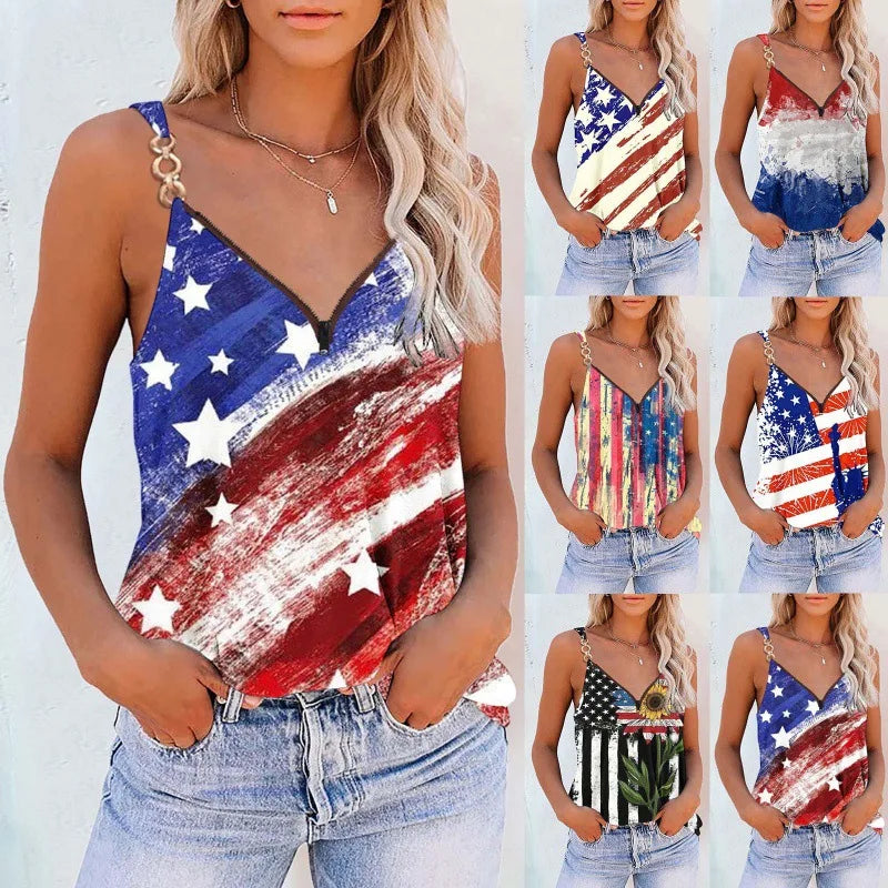 Summer American Flag Tanks Sleeveless Chain Blouse Vintage Top Y2k Womans Streetwear Star Striped Print Vest Off Shoulder Tshirt