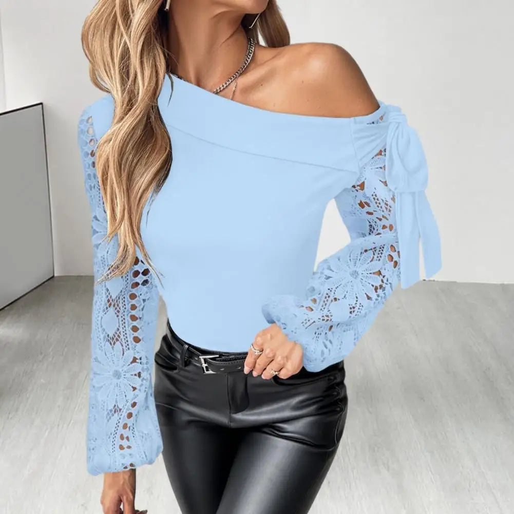 Lady T-shirt Elegant Flower Embroidery Mesh One Shoulder Blouse with Lace Up Detail Hollow Out Design for Women's Fashion Hollow