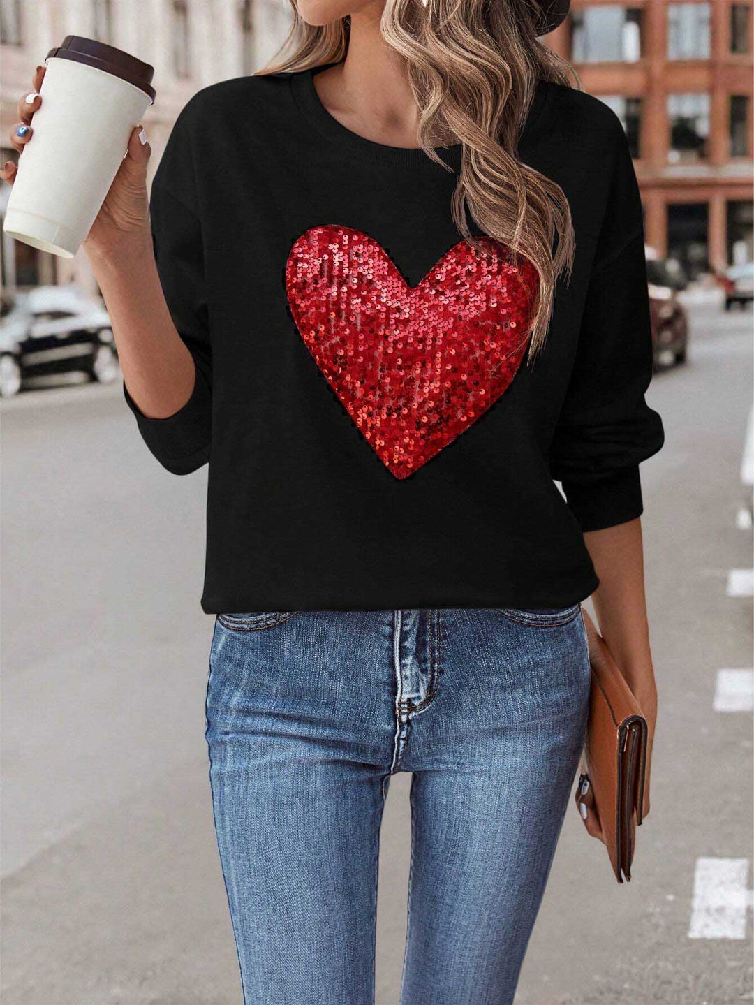 Sequin Heart Dropped Shoulder Sweatshirt