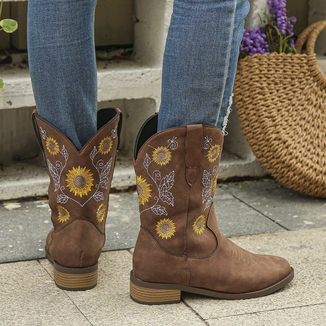 Sunflower Embroidered Block Heel Boots